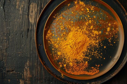Bright turmeric powder scattered on a dark plate against a textured wooden background