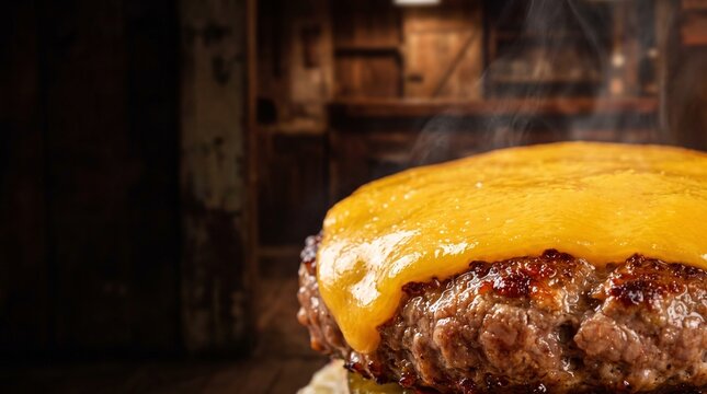 Gourmet Beef Burger Patty with Melted Cheddar Cheese in Rustic Pub