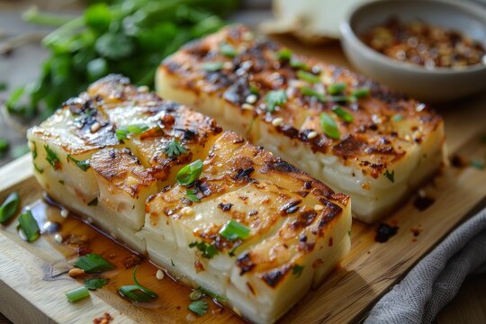 Savory turnip cakes topped with herbs and spices on a wooden board