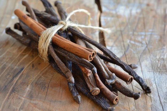 Vanilla pods and cinnamon sticks are tied together with twine, resting on a weathered wooden surface, creating a warm and inviting scene