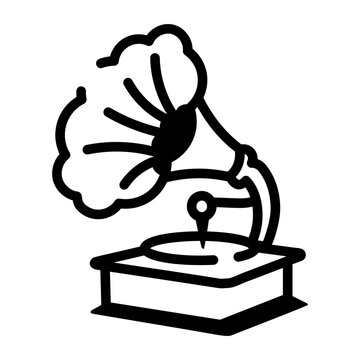 Hand-drawn doodle icon of an early phonograph with a large flared horn, round record base, crank housing, and bold black outlines.