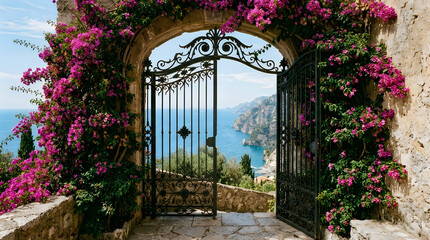 Fototapeta premium Vine covered archway with ornate gates opens to Mediterranean sea and coastline view.