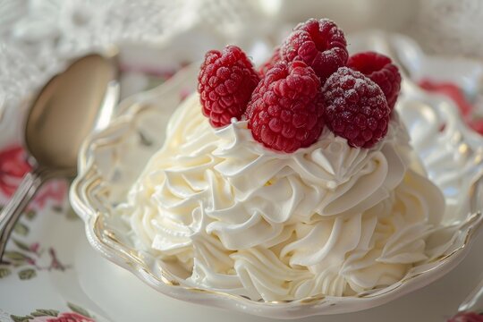 Elegant dessert featuring whipped cream and ripe raspberries