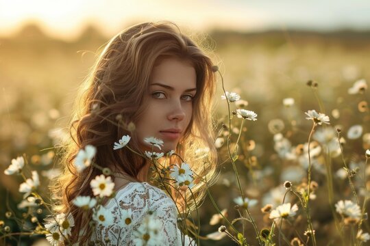 Young woman surrounded by daisies in a sunlit meadow