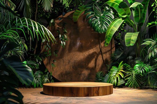 Wooden product display podium with tropical plants and copper backdrop creates a natural and luxurious setting