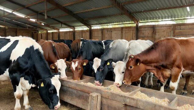 detailed natural-light 4K footage shows a group of cows with mixed coat colors standing calmly inside a barn feeding from a trough beneath a metal roof portraying authentic rural farming life with