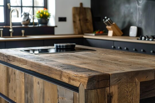 Reclaimed wood kitchen island with induction stove top in modern kitchen interior