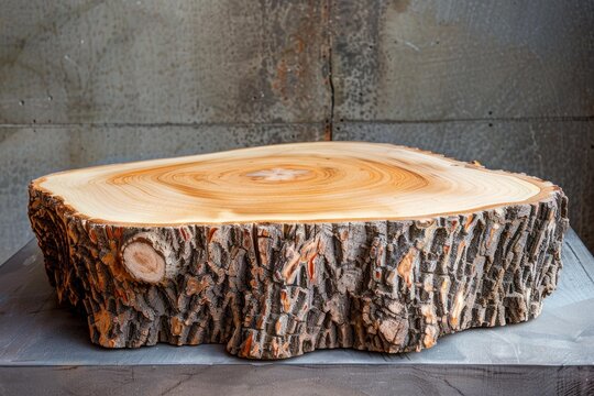 Smooth polished wooden slab with bark and growth rings resting on a metal table against a concrete background