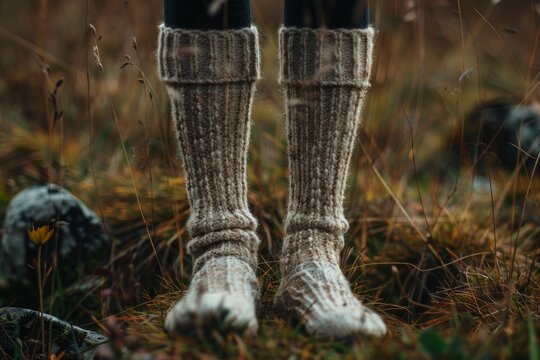 Knitted wool socks keep feet warm on an autumn day in nature