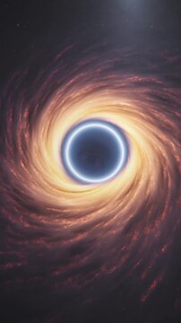 Cosmic phenomenon, Zoom out of glowing black hole with accretion vortex in deep galaxy space. 3d animation.