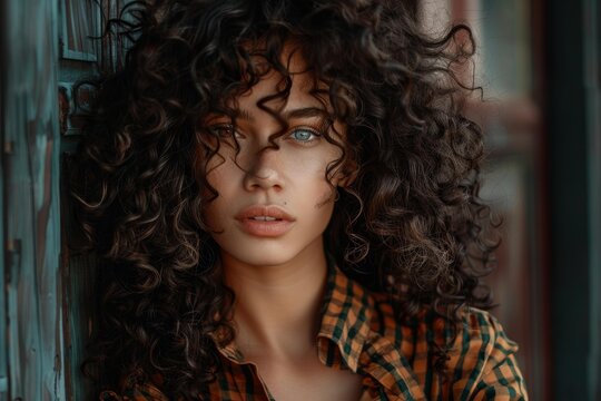 Captivating portrait of a fashion model showcasing voluminous, curly hair and wearing a stylish plaid shirt