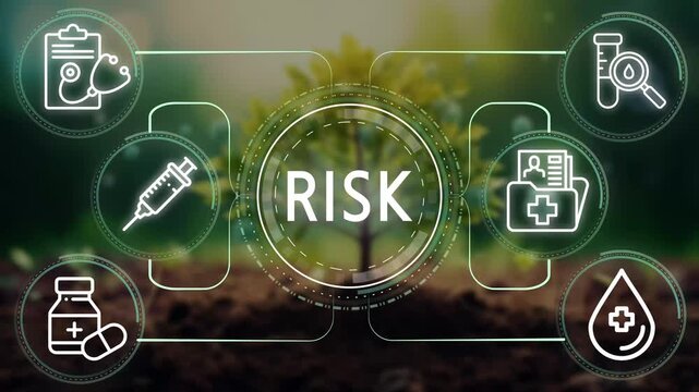 Futuristic Healthcare Risk Concept &ndash; Digital Interface with Medical Icons, Risk Management, Syringe, and Patient Records &ndash; Innovative Health Tech Safety Visualization