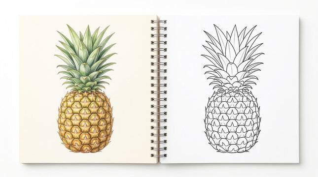 Fresh Whole Pineapple Fruit Color Pencil Drawing and Black Line Art Outline