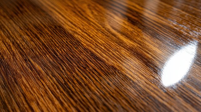A close-up view of a polished wooden surface with a rich, dark brown color and visible wood grain.