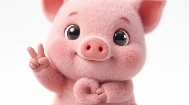 Close-up of a cute 3D pig showing peace sign on white