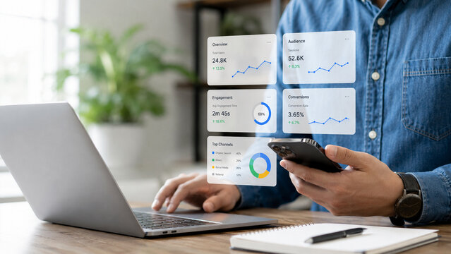ads, budget, set, daily, caps, A businessman using smartphone and laptop analyzing social media advertising performance dashboard, showing audience growth, ad spend, and campaign analytics data.