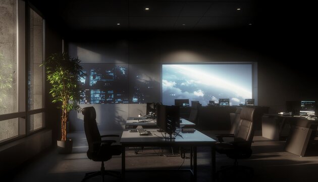 Dark modern office interior with desks, computer monitors, screen displays and green plant