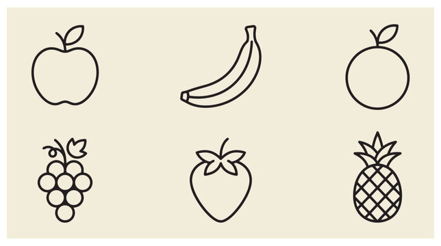 Vector icon set of fruits with apple banana orange grape strawberry and pineapple outlines fruit icons outline icons fruit collection minimalist design line art simple graphics