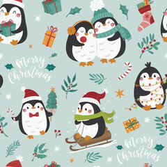 Naklejka premium Christmas seamless pattern with penguins enjoying winter activities.