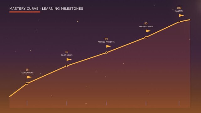 Cinematic golden hour motion graphic of a bold learning curve climbing through milestone stages toward mastery ideal for education and skill development content