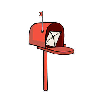 Red open mailbox illustration with a flag up containing an envelope letter vector icon isolated on transparent background