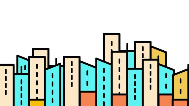 Colorful modern city skyline featuring many tall buildings in blue tan and orange tones in flat vector icon illustration for modern presentations