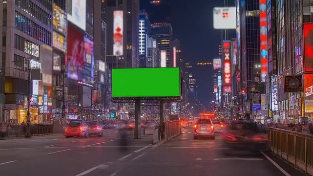 Nighttime City Street View with Blank Green Screen Billboard for Advertising, Motion Blur Traffic,Time Lapse View of New York City Street at Night with Central Green Screen for Ad Content .