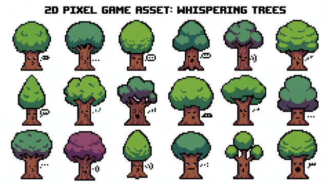 Set of eighteen expressive pixel art trees with whispering faces for retro gaming environments