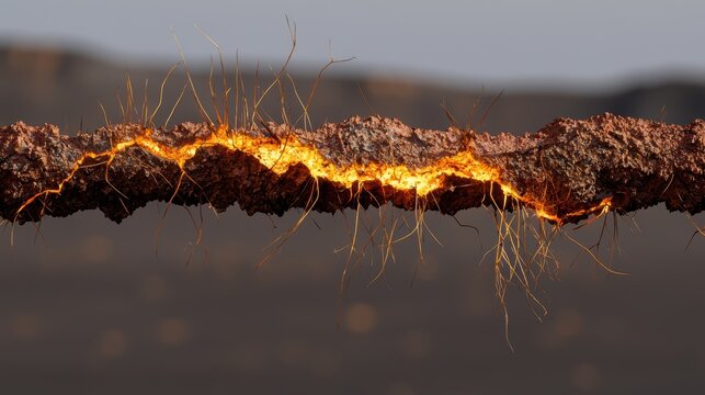 A fiery, glowing wire traverses a barren landscape.