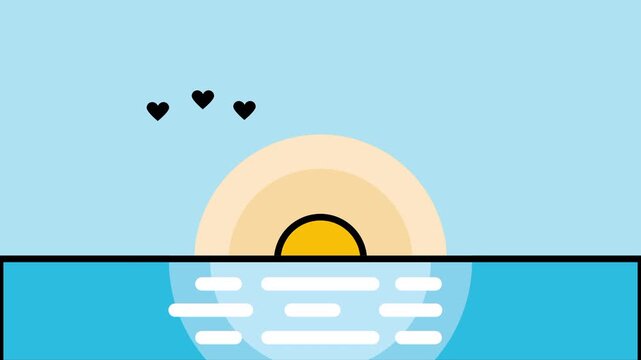 Glowing orange sunset reflecting brightly over calm ocean water with small hearts in the sky flat vector icon illustration projects presentations
