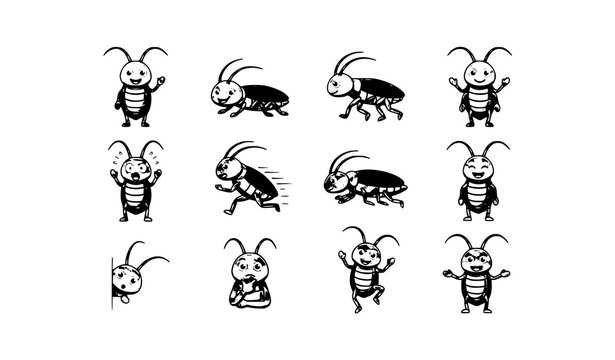 cockroach, roach, insect, bug, beetle, pest, cartoon, icon, mascot, character, crawling, antenna, brown, flat, vector, illustration, editable, isolated, collection, control, exterminator, hygiene, san