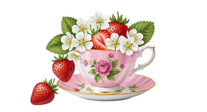Pink teacup with fresh strawberries and cream