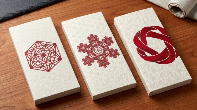Three rectangular boxes with geometric red patterns