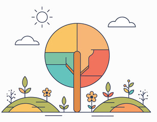 Fototapeta premium Colorful pie chart with growth icons and plants on green field.