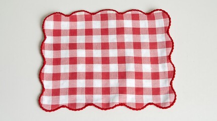 Fototapeta premium Pink and white gingham checkered cloth napkin with a red scalloped crochet edge, flat lay on white background for picnic and dining concepts