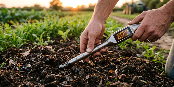 Farmer hands holding digital soil testing probe inserted into rich dark earth to measure moisture temperature and ph levels in organic farm field.