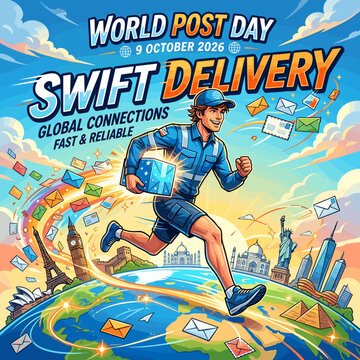 Fast delivery postman running across globe for World Post Day.