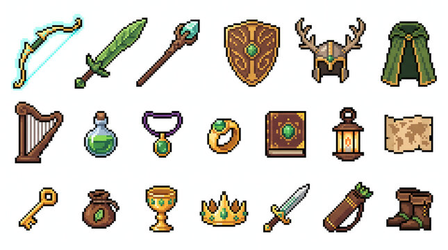 Fantasy RPG pixel art items set featuring nature themed weapons armor and magical equipment