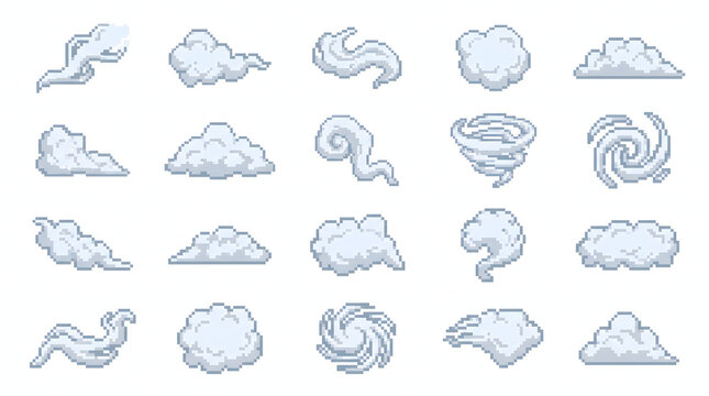 Various blue pixel art cloud shapes and wind swirls for game asset design