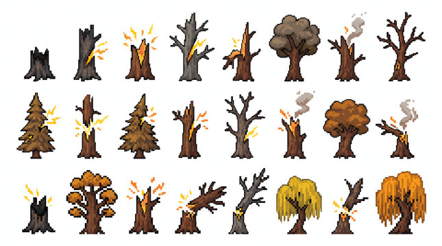 Pixel art set of diverse trees including lightning struck trunks and broken stumps for game design