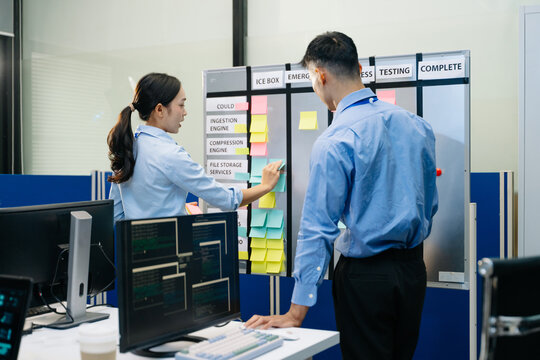 Asian IT software developers collaborating on task management using sticky notes on an agile scrum board during sprint planning in a technology office.