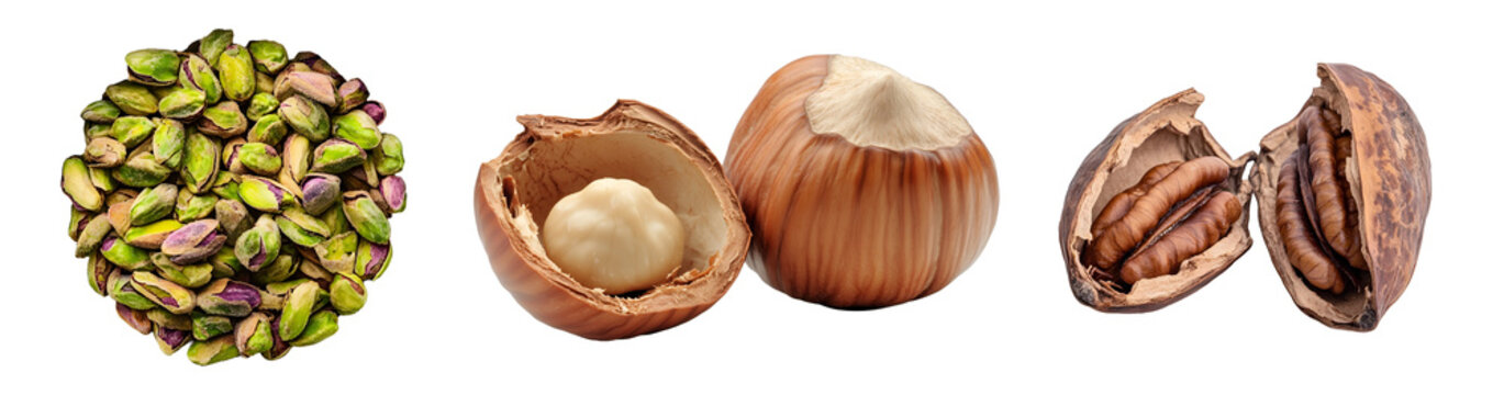 Assortment of shelled pistachios, hazelnuts, and pecans isolated on transparent background