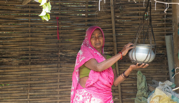Indian woman in sari at her house in village
