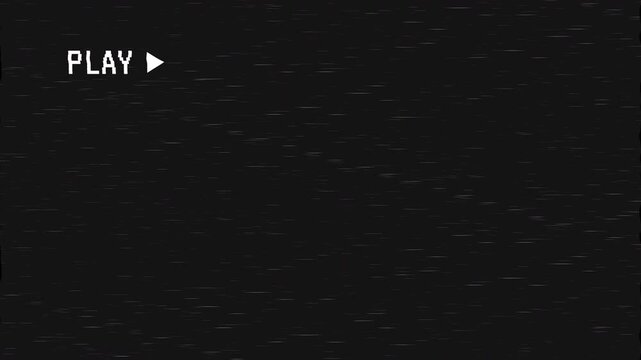 Retro vhs play overlay with scanlines, and video noise texture. Featuring analog TV noise and distortion, bad damage, long-lasting, loopable, has the text Play overlaid on top.
