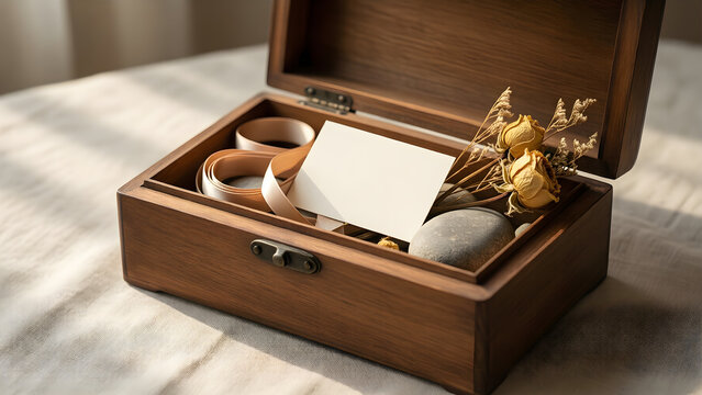 Wooden keepsake memory box with meaningful objects