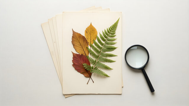 Pressed leaf herbarium arranged on archival paper