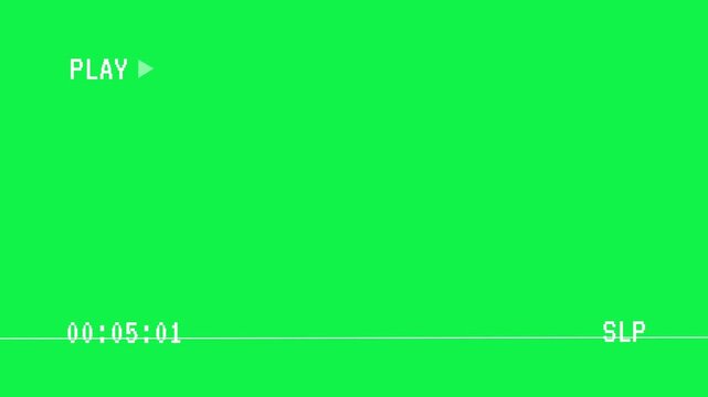 A retro VHS overlay on a green screen displays a "PLAY" icon, "SLP" mode, and ticking timer, Retro vhs playback interface with timecode and play icons