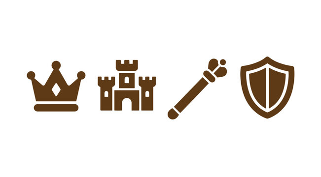 A set of four brown medieval including a crown, a stone castle, a scepter, and a shield on a white background
