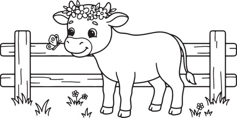 Fototapeta premium Cow in a field with a butterfly above, black and white
