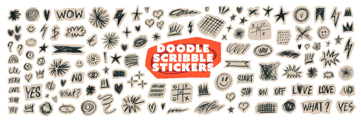 Naklejka premium Scrapbook doodle stickers with stars, arrows, short words, check marks and scribbles for notes. Crayon drawn collage clip art elements. Journal vintage cutout paper scraps. Cut out scrapbook.